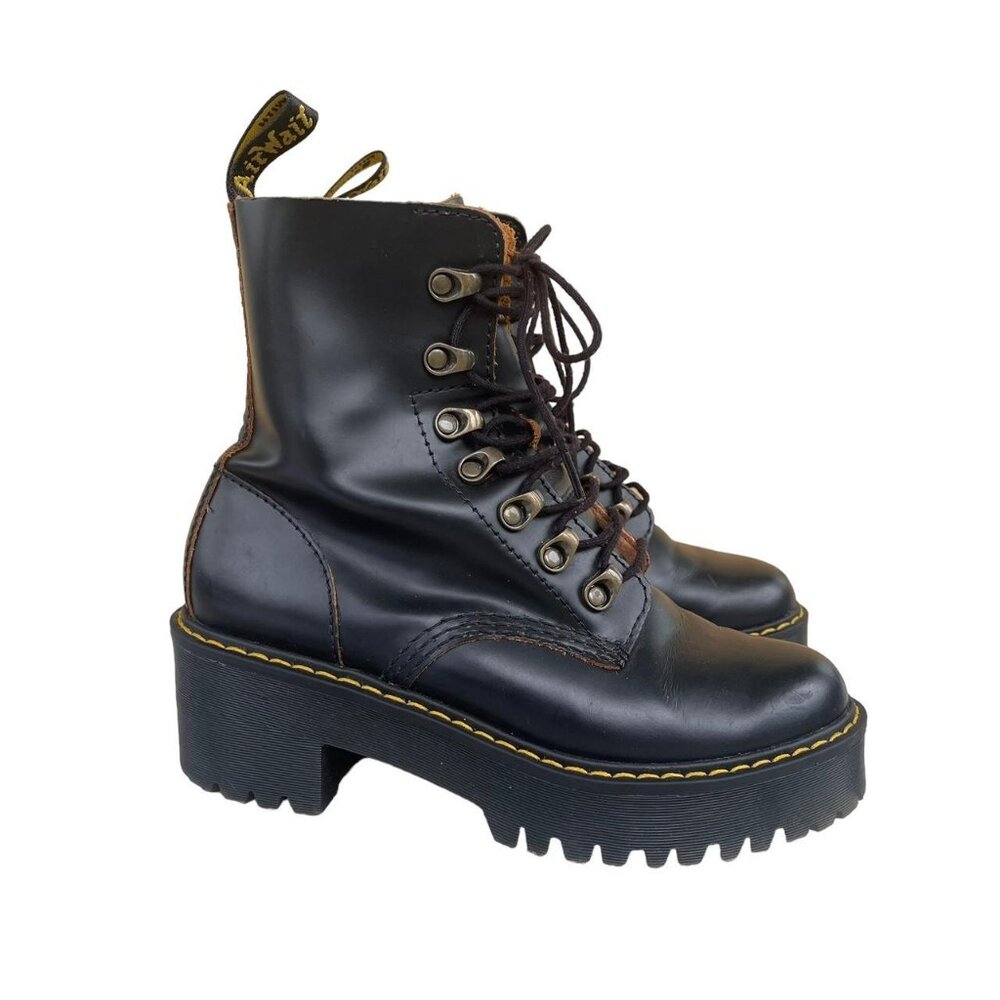 SOLD ✨ Dr. Martens Leona Black Leather Platform Combat Boots Women’s 6 - Picture 1 of 8